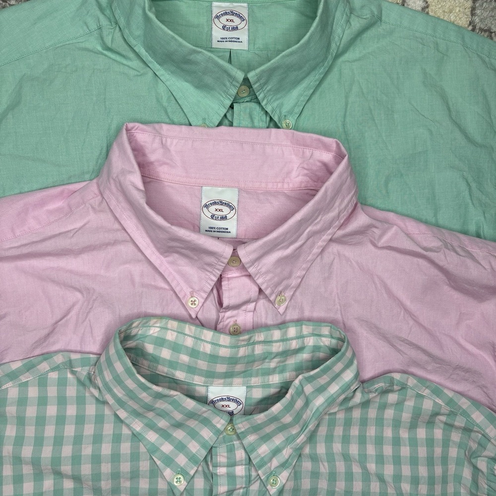 Lot 3 Brooks Brothers XXL Green Gingham Pink Cotton Poplin Friday Shirt Preppy